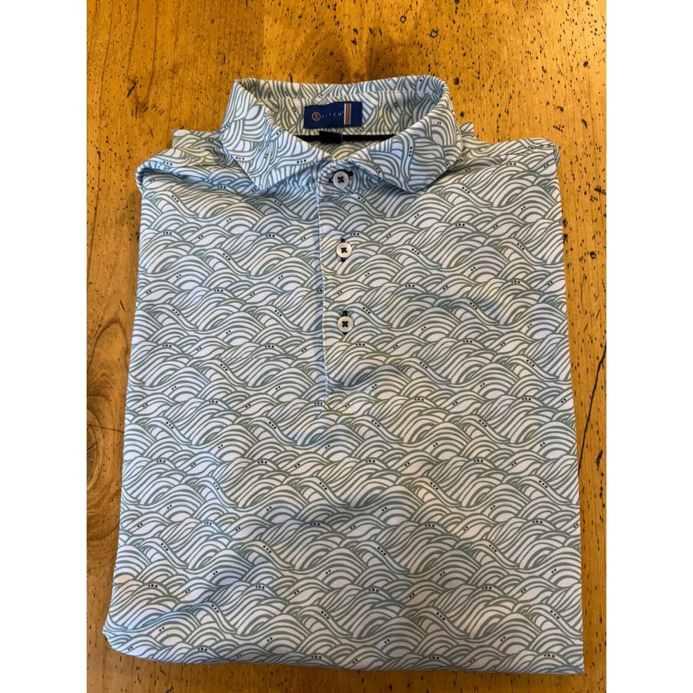 Stitch Golf Polo Size Medium Green White Wave Print Performance Short Sleeve